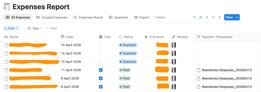 Notion expenses database updated by n8n receipt automation
